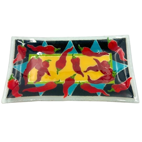 Vintage Peggy Karr Signed Fused Art Glass Platter Chili Peppers Plate Tray 2003 - Picture 1 of 7